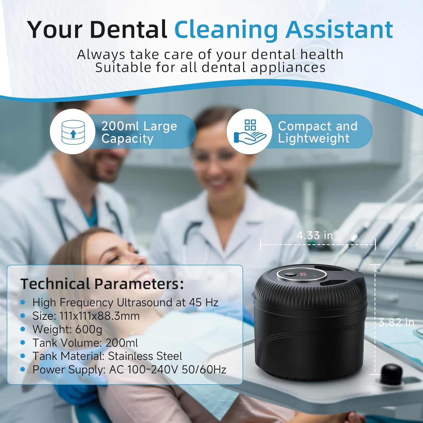 Ultrasonic Retainer Cleaner Machine, 45Khz Dental Cleaning Pod for Dentures, Jewelry, Toothbrush Heads, Mouth Guards, Aligners, Braces, 200ML Denture Cleaner 4 Modes & Digital Timer, Black