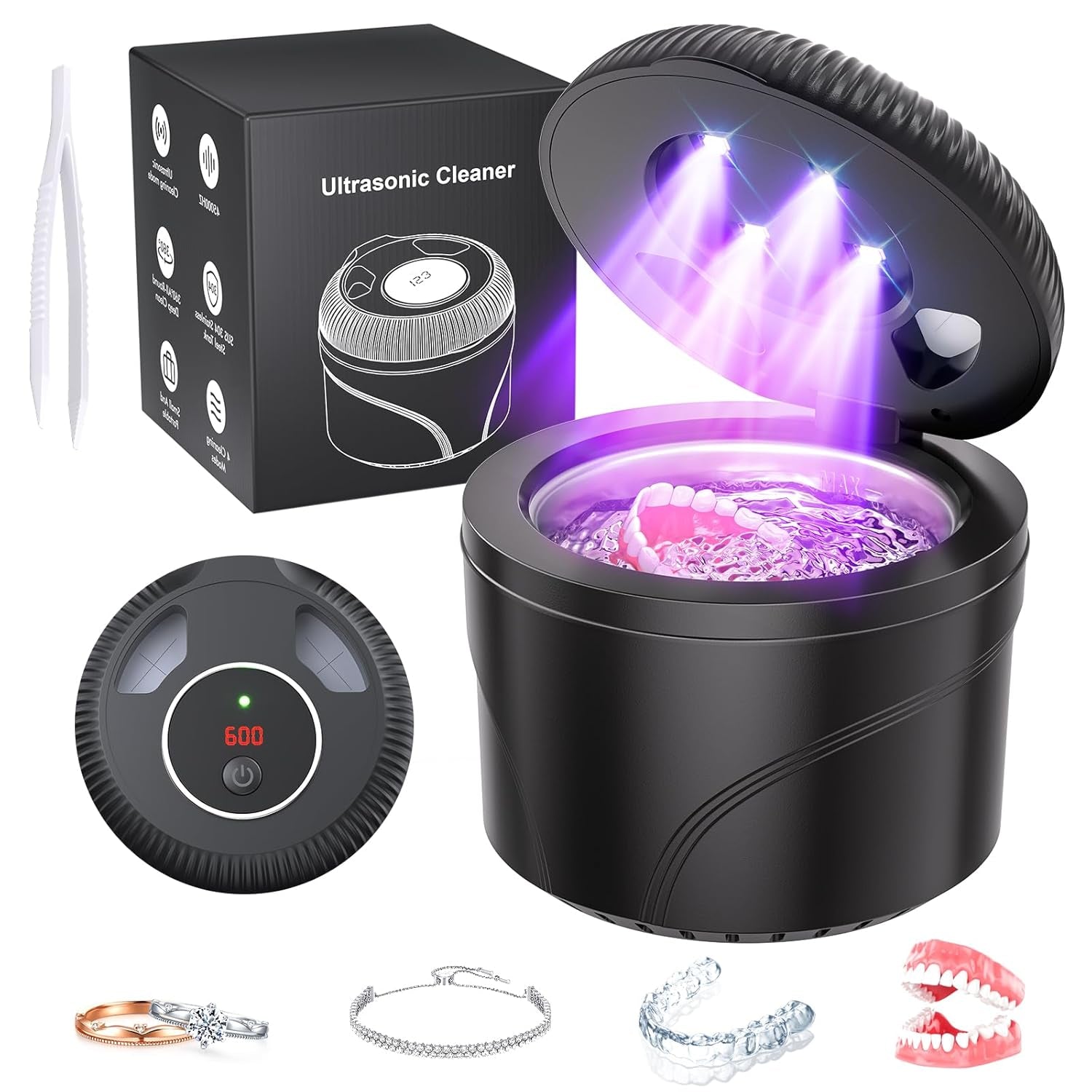 Ultrasonic Retainer Cleaner Machine, 45Khz Dental Cleaning Pod for Dentures, Jewelry, Toothbrush Heads, Mouth Guards, Aligners, Braces, 200ML Denture Cleaner 4 Modes & Digital Timer, Black
