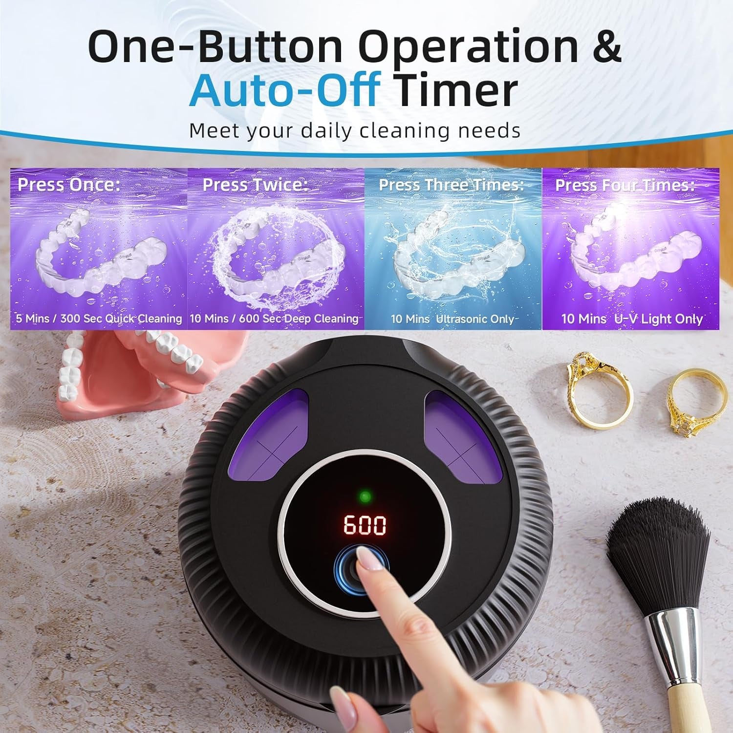 Ultrasonic Retainer Cleaner Machine, 45Khz Dental Cleaning Pod for Dentures, Jewelry, Toothbrush Heads, Mouth Guards, Aligners, Braces, 200ML Denture Cleaner 4 Modes & Digital Timer, Black