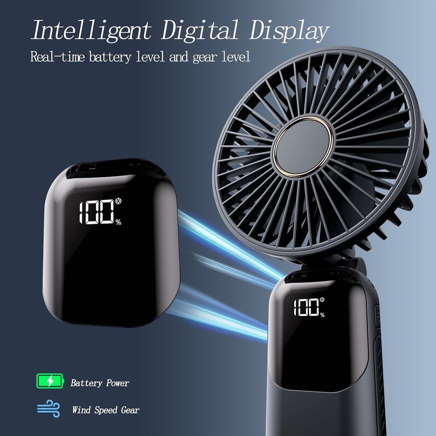 Portable Fan, 4200Mah Battery Operated Fan, 5 Speeds&Digital Display, Makeup Fans for Women with Base, 180°Foldable 3In1 Handheld/Neck/Desk Fan for Outdoor Indoor,Ultra Quiet (Black)