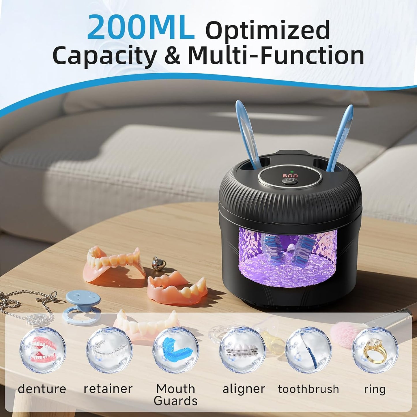 Ultrasonic Retainer Cleaner Machine, 45Khz Dental Cleaning Pod for Dentures, Jewelry, Toothbrush Heads, Mouth Guards, Aligners, Braces, 200ML Denture Cleaner 4 Modes & Digital Timer, Black