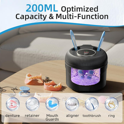Ultrasonic Retainer Cleaner Machine, 45Khz Dental Cleaning Pod for Dentures, Jewelry, Toothbrush Heads, Mouth Guards, Aligners, Braces, 200ML Denture Cleaner 4 Modes & Digital Timer, Black